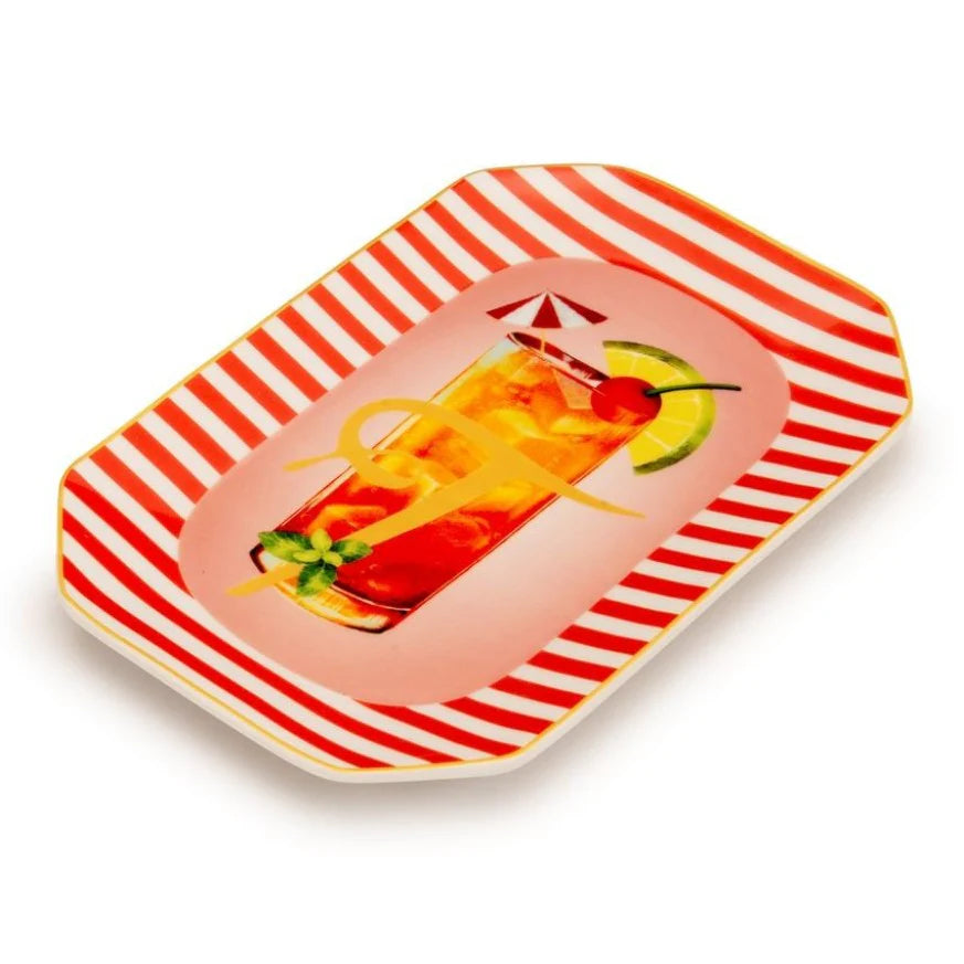 Palais Royal Vassoietto Svuotatasche Porcellana Iniziale T con Ricetta Cocktail Tequila Sunrise 8x12 cm.