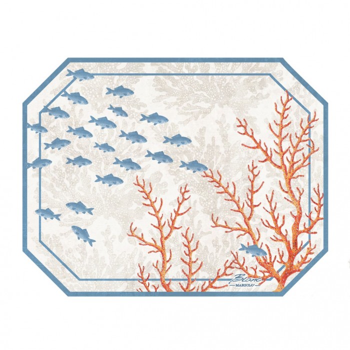 Blanc MariClò Tovaglietta Americana Le Mer Onirique Collection in Vinile Azzurro e Corallo 44x34 cm.