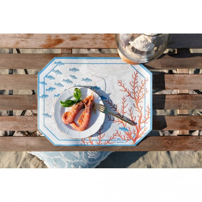 Blanc MariClò Tovaglietta Americana Le Mer Onirique Collection in Vinile Azzurro e Corallo 44x34 cm.