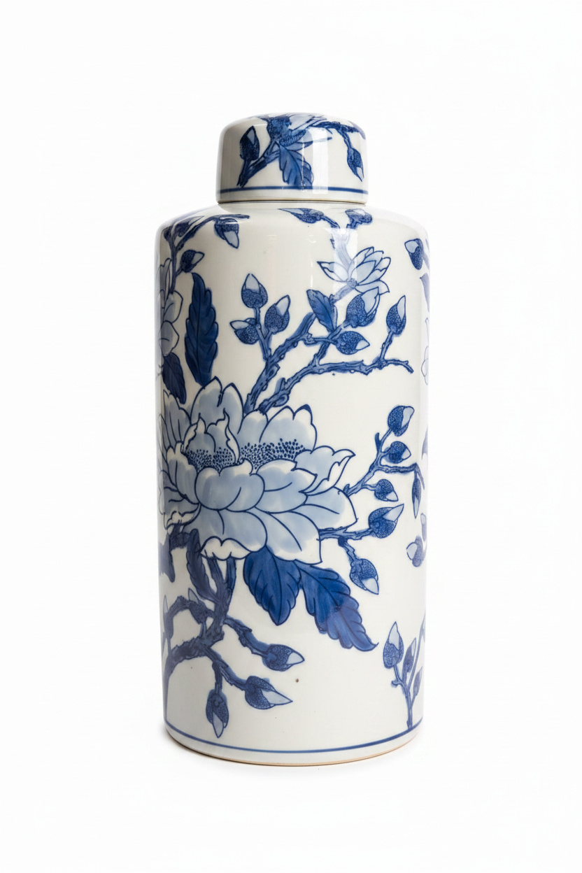 Vaso Potiche Blue & White su sfondo bianco